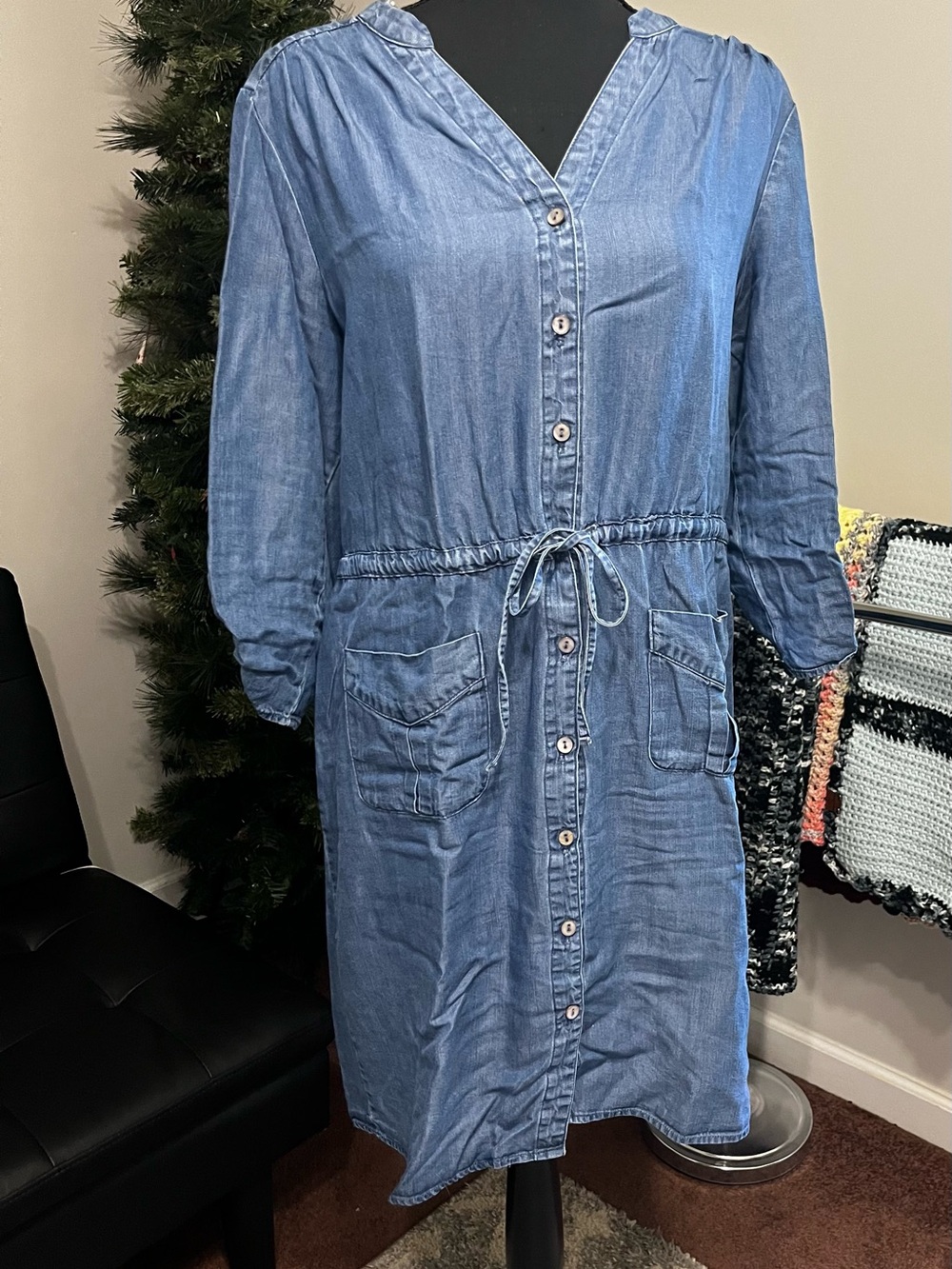 Spense Light Blue Button-Front Drawstring 3/4 Sleeve Dress